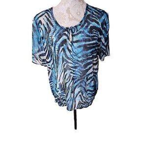 Chico’s Animal Print Sheer Short Sleeve Top Beaded Multicolored Women's Medium